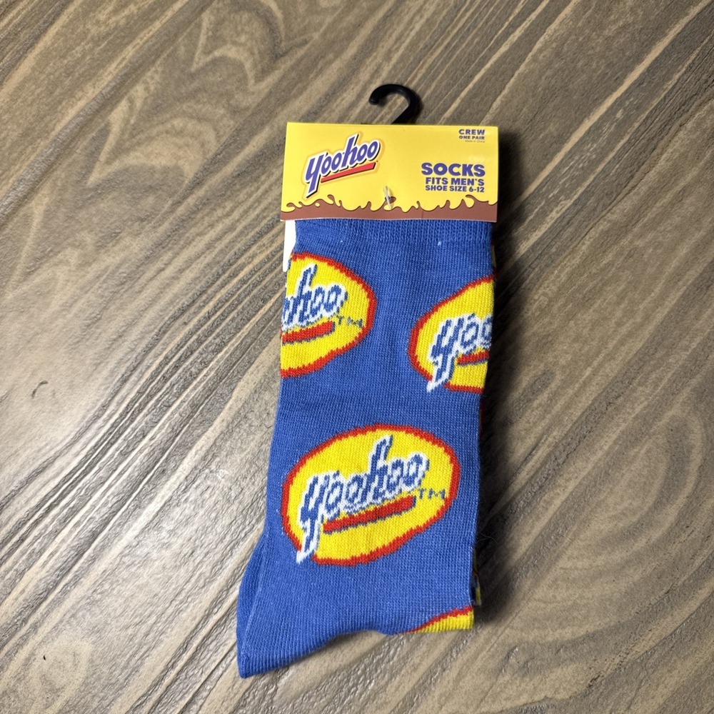Yoohoo Crew Socks Men's Size 6-12 Blue New Novelty Chocolate Drink Logo Print